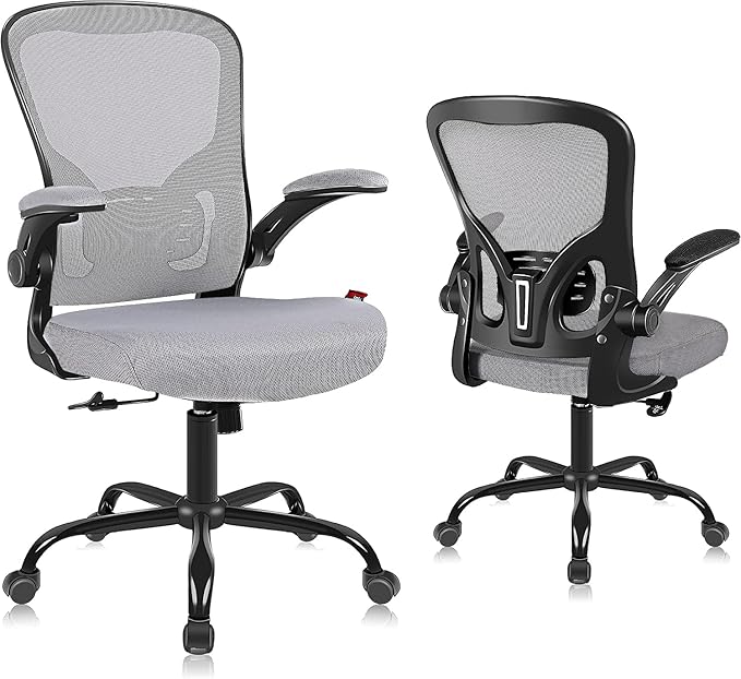Flysky Ergonomic Office Desk Chair Breathable Mesh Swivel Computer Chair, Lumbar Back Support Task Chair, Grey Office Chairs with Flip-up Arms, Adjustable Height Executive Rolling Chair