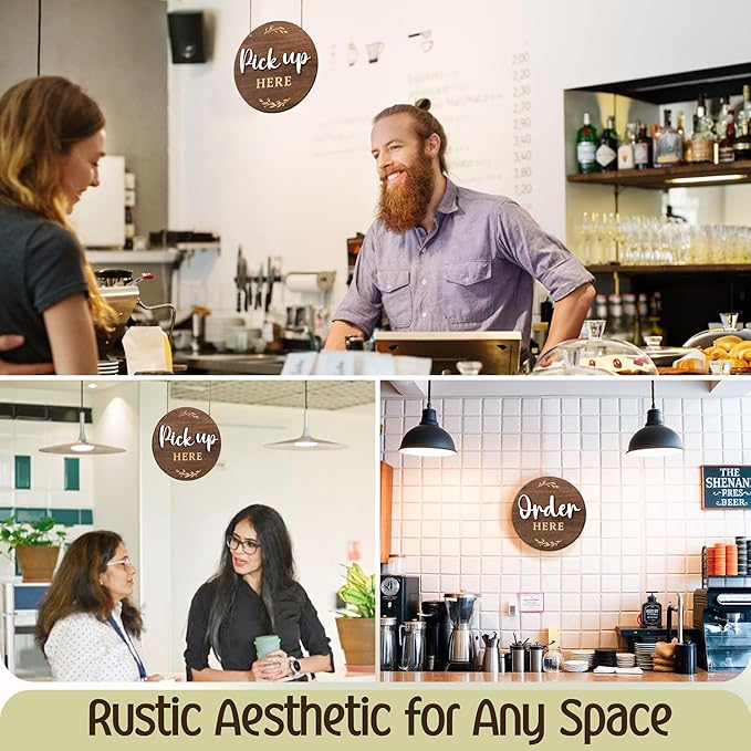 Order Here Pick Up Here Signs - 2 Pack Wood Order Here Sign For Restaurant, Cafes, And Bars