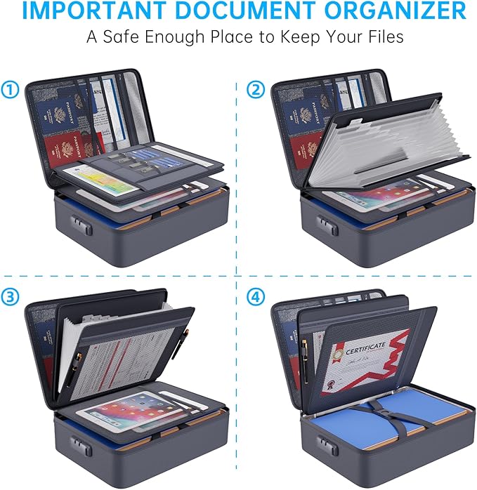 ENGPOW 5200℉ Fireproof File Organizer Bag with 13 Pocket Accordion File Folder,Document Organizer Box with Lock&Labels,Multi-Layer Portable Home Travel Safe Storage Box for Important Documents,Gray