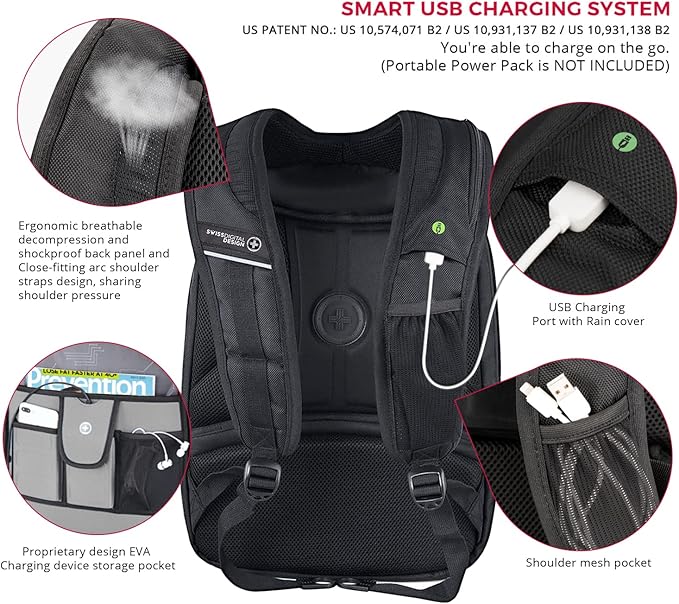 Swissdigital Design Large Travel Backpack For Men, TSA-Friendly Business Laptop Backpack, USB Charging Port，RFID Protection Tech Backpack Fits 15.6Inch Laptop (TERABYTE J16BTF-02) One Nation One World