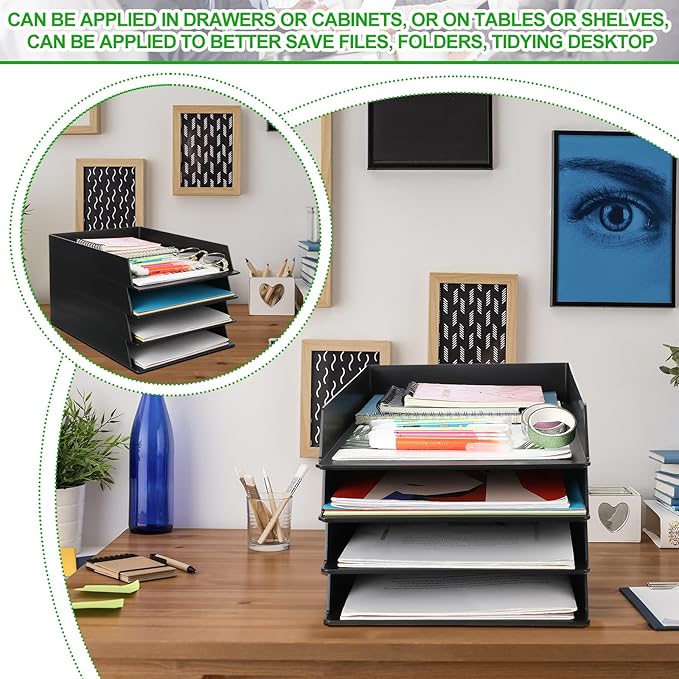 Wenqik 6 Pcs Stackable Paper Trays Rectangular Plastic Desk Tray Holder Desktop Document File Paper Organizer Plastic Storage Letter Tray for Office Classroom, Black