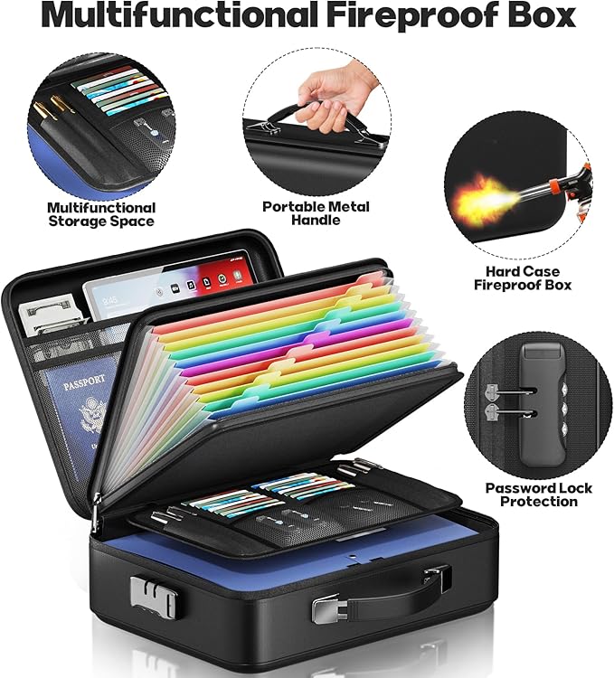 Fireproof Document Box with Water-Resistant Zipper, Hard Case Fireproof Box with Lock, Portable Hard-Shell Fire Safe Box, Large Capacity File Organizer for Important Documents, Laptop (Black, M)