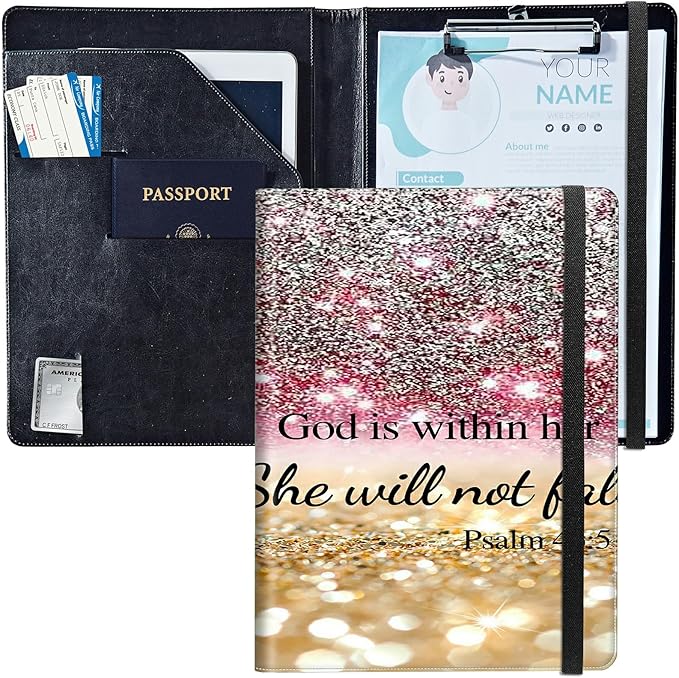 PU Leather Padfolio Clipboard Notepad with Pen Loop and Elastic Strap Interview/Resume Document Organizer for Business School Office,Christian Bible Psalm 46-5