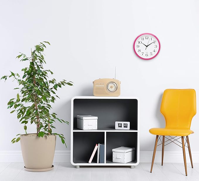 Bernhard Products Pink Wall Clock 10 Inch Silent Non Ticking Battery Operated Quality Quartz Round Easy to Read Home/Office/Kitchen/Nursery/Girl's Bedroom/Classroom/Kids Playroom/School Clock