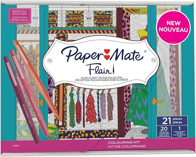 Paper Mate Flair Felt Tip Pens, Medium Point with Women’s Closet Adult Colouring Book - Assorted Colours, Count of 20