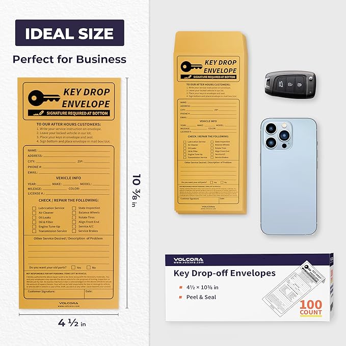 Volcora 100 Pack Key Drop Off Envelopes for After Hours, Night Drop Key Envelopes for Auto Shop Repair, Self Adhesive Envelope for Service Drop Box Overnight, Early Bird, Bussines 4 1/2 x 10 3/10 in