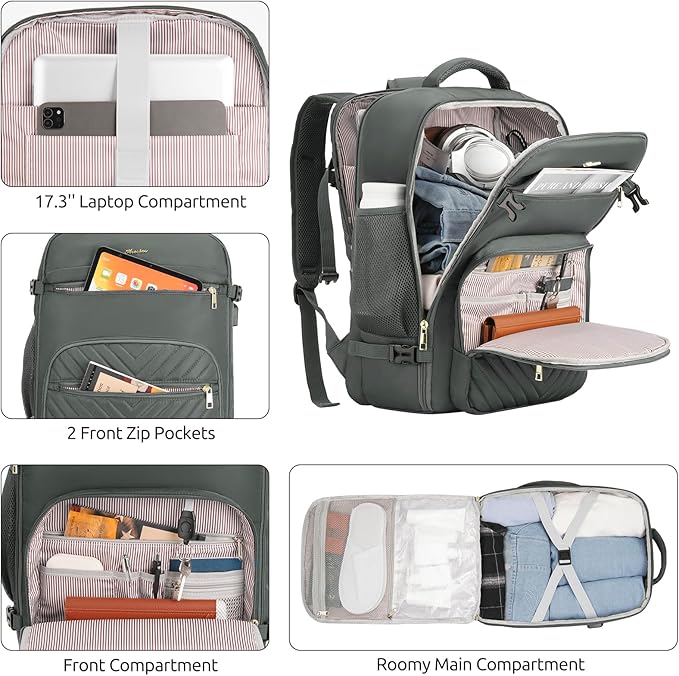 Travel Backpack for Women, Carry On Backpack for Airplanes Flight Approved, Waterproof Large Weekender Overnight Bag Fit 17 Inch Laptop with USB Charging Port, Olive Green