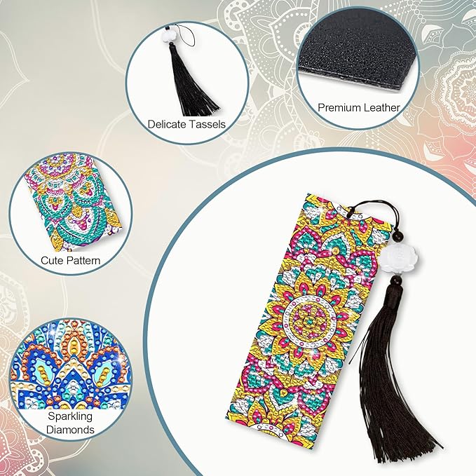 Anseal 3 Pcs 5D Diamond Bookmarks Painting for Book Lovers, Mandala PU Leather Diamond Dotz Art Bookmark for Adults, Tassel Beaded Book Mark for Graduation Birthday Reading Present