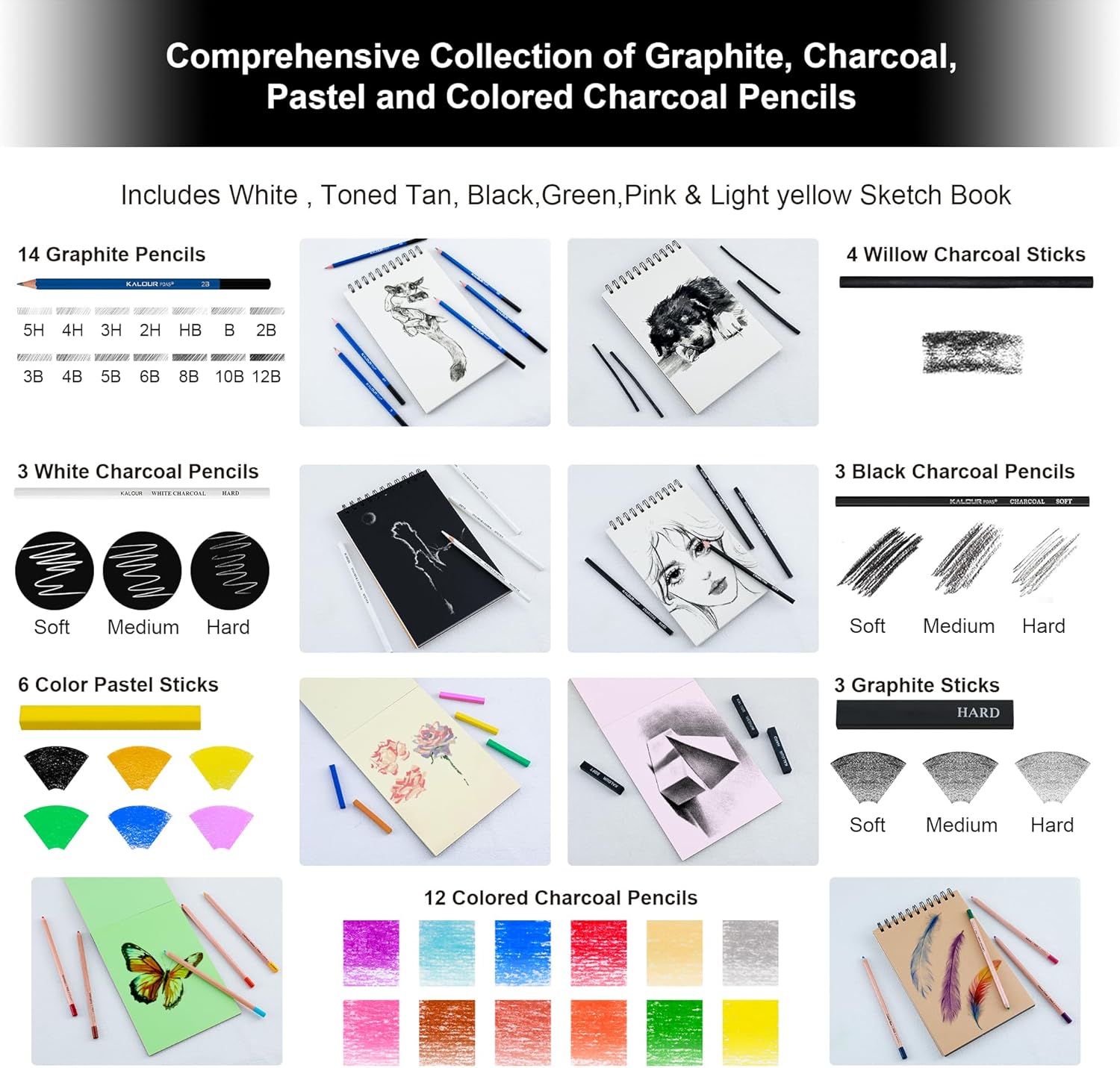KALOUR 95-Piece Sketching and Drawing Art Set with 3-color Sketch Book and Pastel Paper – Graphite, Charcoal, and Pastel Pencils – Complete Artist Kit for Beginners and Professionals