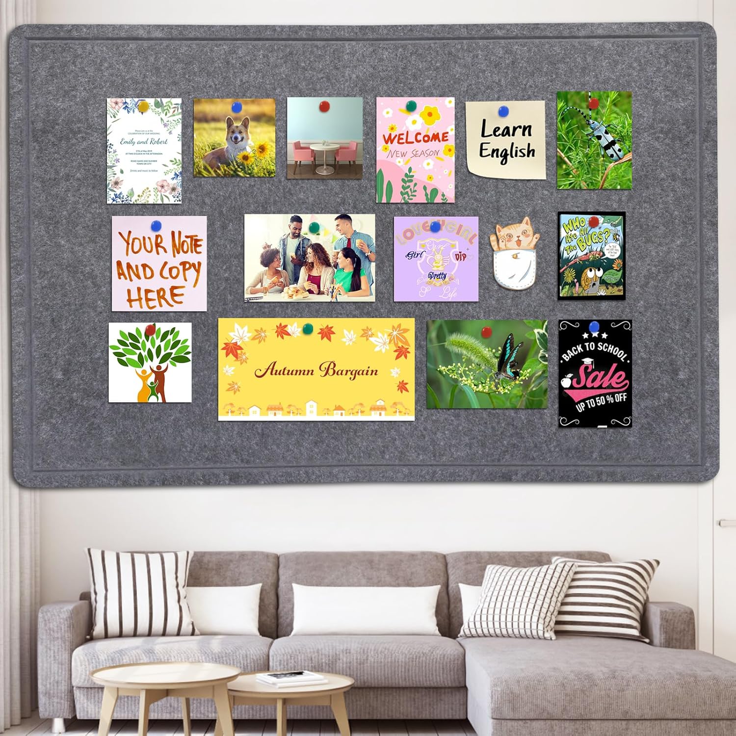 Large Bulletin Board - 72 X 48 inches Decorative Felt Pin Board - 6' x 4' Cork Board Alternative for Wall - Foldable Picture Board Self-Adhesive Vision Board Prayer Board with 30 Pushpins - Dark Gray