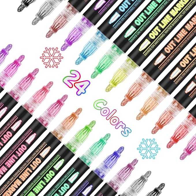 Shimmer Markers Double Line Outline Markers, 24 Colors Squiggles Shimmer Outline Markers Pen Set for Drawing Art School Supplies, Glitter Markers Set for Cards Lettering, Gift for 4-12 Year Old Girl
