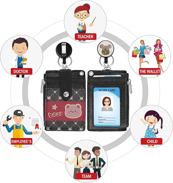 Cute ID Badge Holder Retractable Lanyard Reel Clip with Heavy Duty Carabiner, 5 Card Slots in 2 Sided with Key Ring and Zipper for Women Students Teens Girls Office Staff