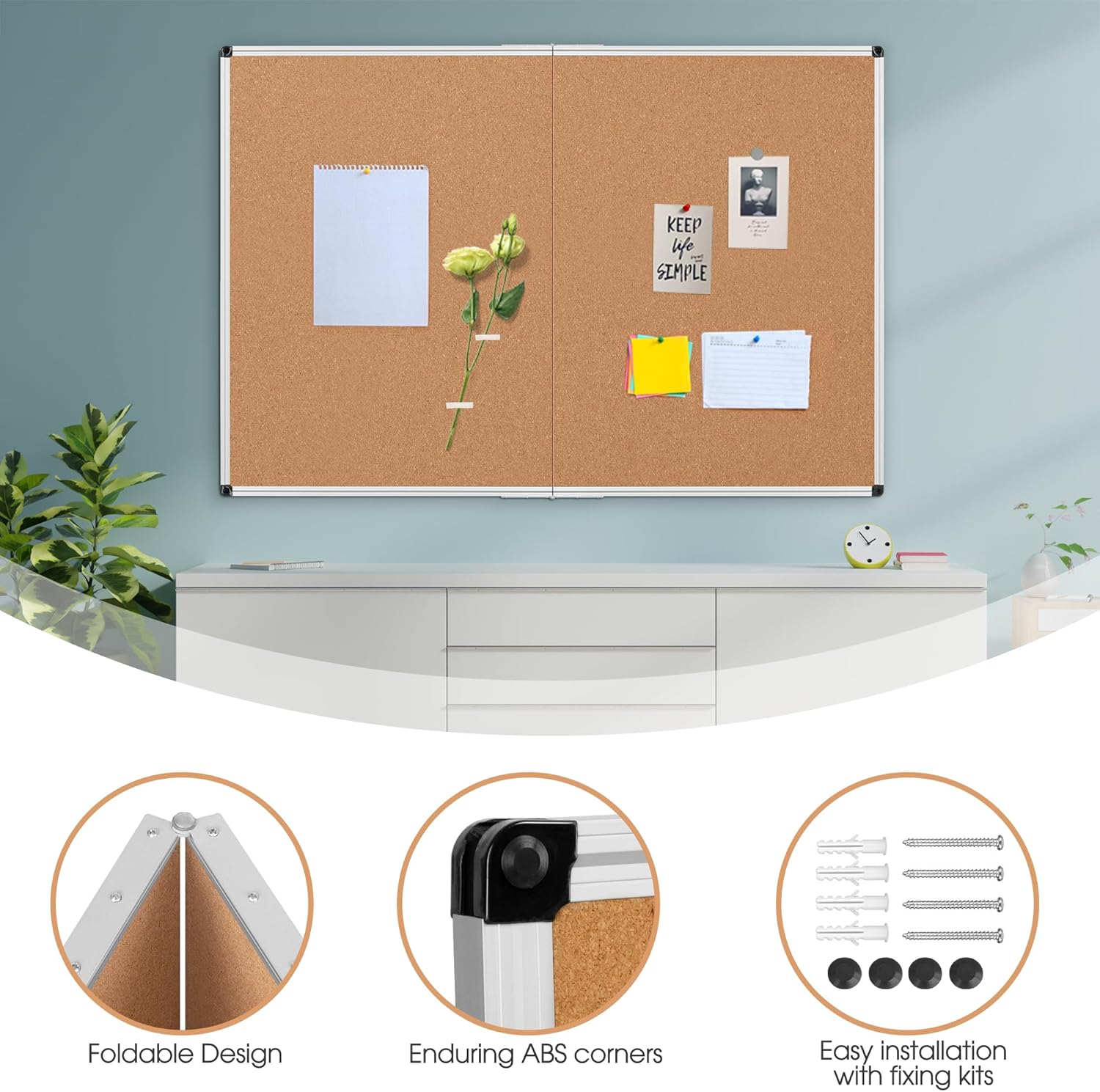 Board2by Extra Large Cork Bulletin Board 60" X 48", Foldable Notice Pin Board for Wall, Silver Aluminum Framed 5'x4' Corkboard, Wall Mounted Noticeboard with 36 Push Pins for School, Home & Office