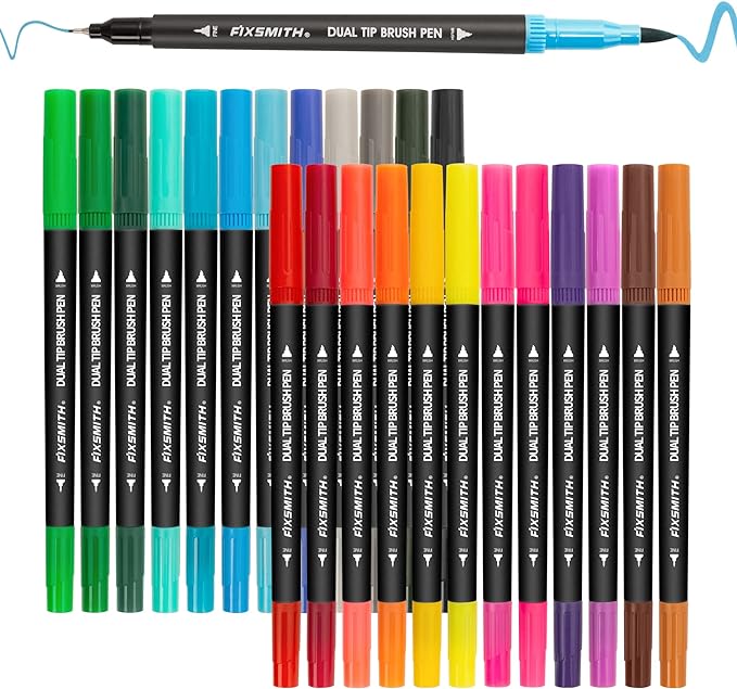 FIXSMITH Dual Brush Marker Pens - 24 Colored Art Markers, Fine Point & Brush Tip Water Based Markers, for Kids Adult Coloring Books Bullet Journals Planners, Note Taking Sketching Drawing Art
