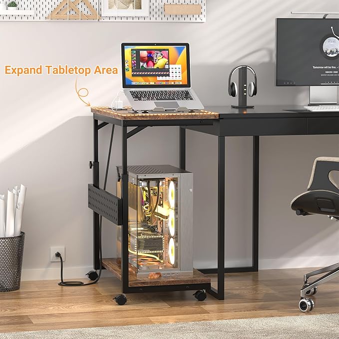 Computer Tower Stand with Power Strips, Height Adjustable PC Tower Stand/Cart with Wheels, Mobile Rolling CPU Holder, Computer Cart Side Stand for Computer Desk, 24", Rustic Brown