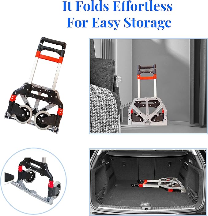 Folding Hand Truck with 2 Silent TPR Wheels, 165lbs Capacity Lightweight Portable Folding Dolly Multi-fuctional Foldable Hand Cart Heavy Duty Utility Cart for Home Office and Travel Use