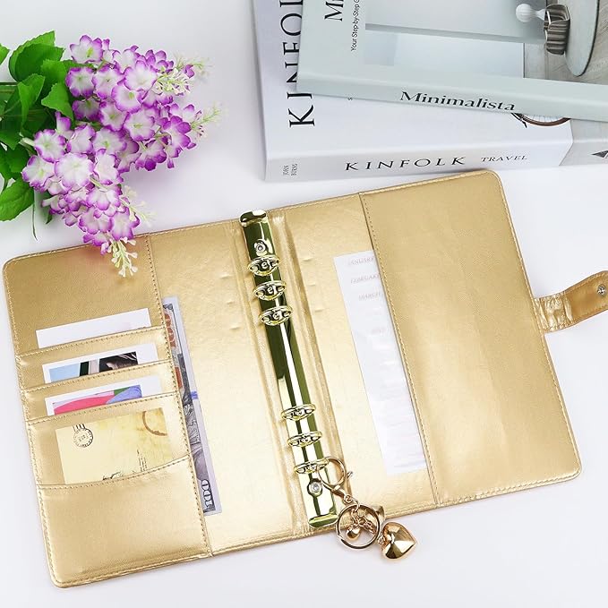 A5 PU Leather Cotton-Padded Binder 6-Ring Notebook Binder Cover with Gold Keychain for A5 Filler Paper, Refillable A5 Personal Planner Budget Binder with Magnetic Buckle Closure (Gold, A5)