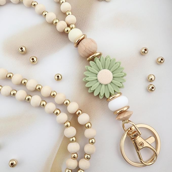 Wooden Teacher Lanyards for Id Badge Cute Flower Wood and Gold Beaded Lanyards for Women for Nurse Badge