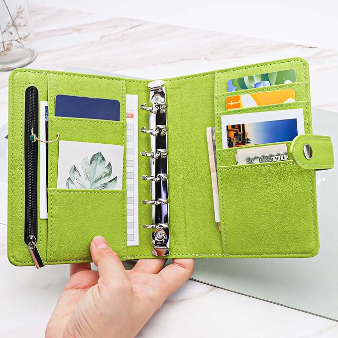 Mogoostry A7 Binder Cover Savings Binder Wallet Leather Binder Folder 6-Ring Refillable Notebook Binder Planner Cover Hardcover Budget Binder Organizer (Green)