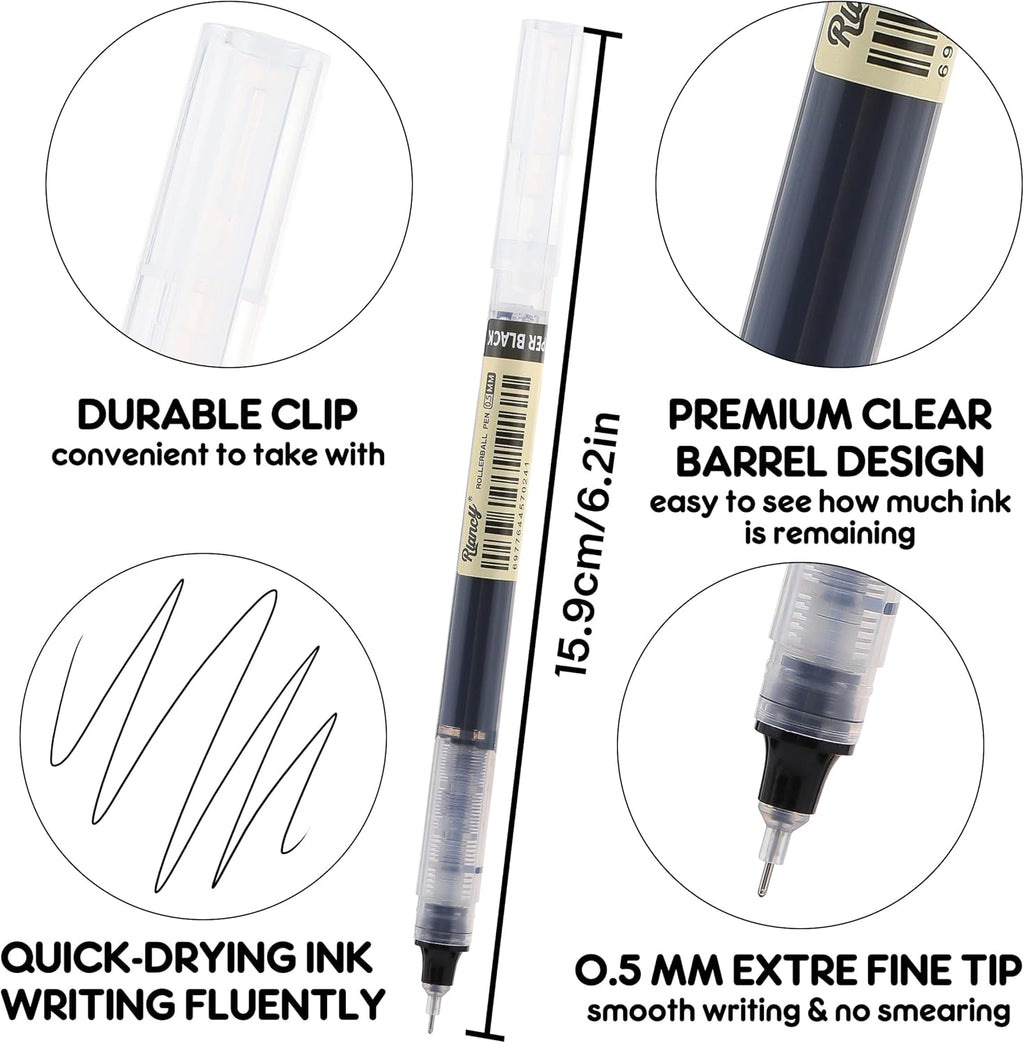 RIANCY 12 Pack Black Liquid Ink Rollerball Gel Pens, 0.5mm Extra Fine Point Tip, Smooth Writing Quick Drying No Smear No Bleed for Journaling, Drawing, Sketching, School Notes & Art Supplies