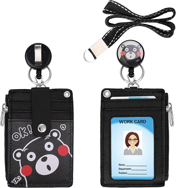 Cute ID Badge Holder Retractable Lanyard Reel Clip with Heavy Duty Carabiner, 5 Card Slots in 2 Sided with Key Ring and Zipper for Women Students Teens Girls Office Staff (Black OK Bear)