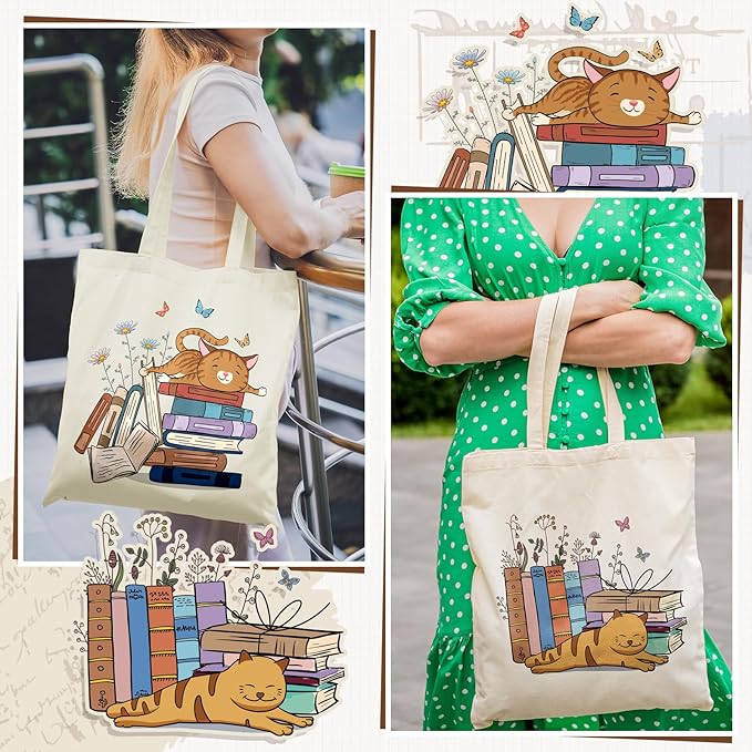 Sweetude 8 Pack Christmas Book Club Gifts Book Lovers Tote Bag Bulk Bookish Canvas bag Librarian Readers Gifts for Women(Cat)