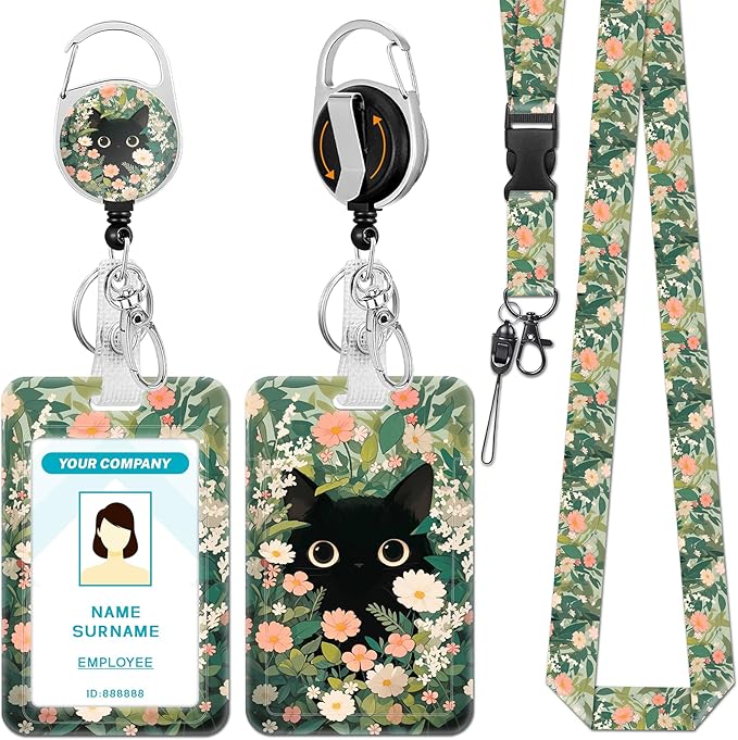 Lanyards for Id Badges, Cat Flower Floral Badge Holder with Retractable Reel Clip, Cute Work Name Tags Keychain Lanyard ID Card Protector Cover Case for Women Teacher Nurse Doctor Office