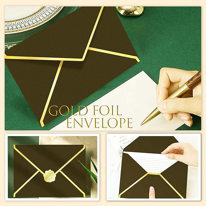 60 Pack Gold Envelopes 5x7 Bulk Taupe, 250G Pearled Cardstock A7 Envelopes for Invitations Business Mailing Envelope with Gold Foil Border, A6 4x6 Envelopes for Wedding Baby Shower Cards