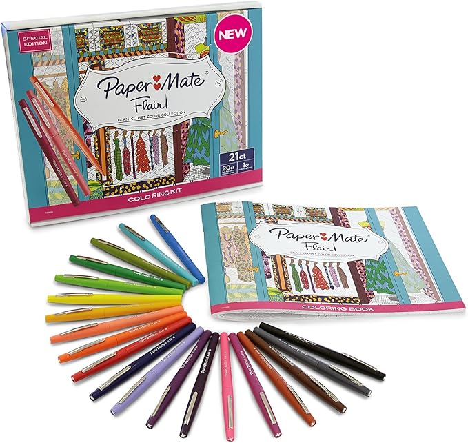 Paper Mate Flair Felt Tip Pens, Medium Point with Women’s Closet Adult Colouring Book - Assorted Colours, Count of 20