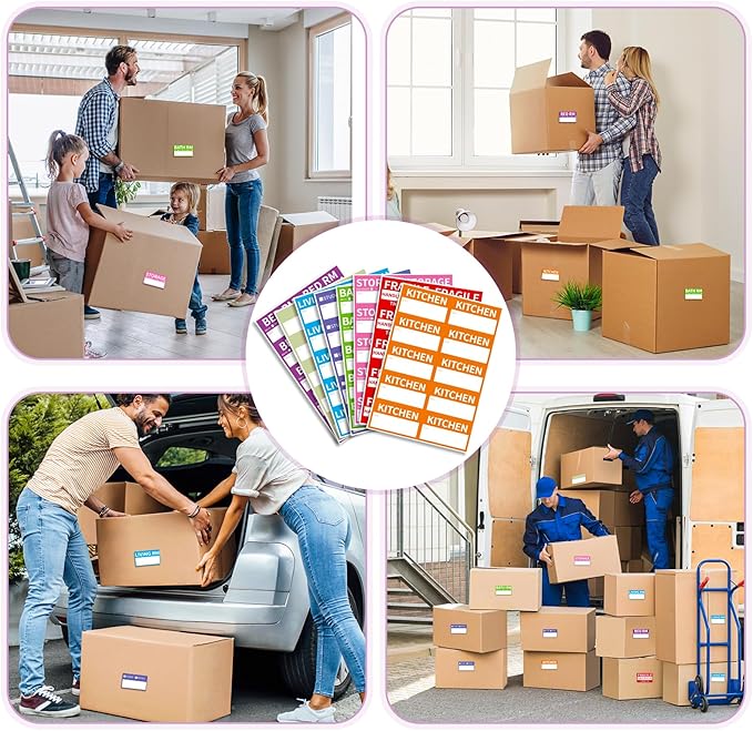 170 Home Moving Labels, 3.4 x 2 inches, 8-Color Coded Packing Box Stickers with Fragile and Blank Customizable Labels
