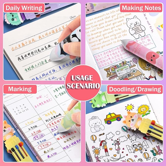 Multicolor Ballpoint Pen 0.7 mm, 10-in-1 Colored Pens Fine Point Retractable Cute Cartoon Animal Ballpoint Pens for Office School Students Kids Christmas Gift, 6 Pack