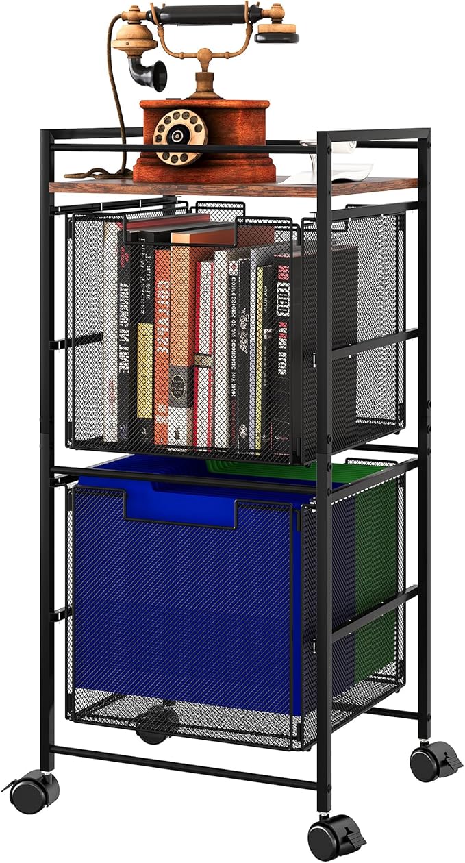 EasyPAG Rolling File Cart Metal File Organizer Storage Cart 2 File Drawers Mobile File Cart with Removable Drawers with 4 Swivel Casters Rolling Wheels Cart, Black