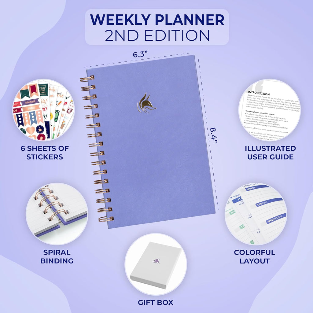 Clever Fox Planner 2nd Edition Spiral – Colorful Weekly & Monthly Goal Planner, Time Management & Productivity Organizer, Undated (Lavender)