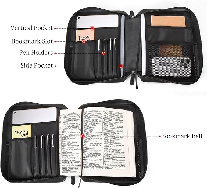 Polare Napa Leather Bible Cover Church Bag Bible Protective Book Holder Carrying Case Folder Organizer Portfolio, Black