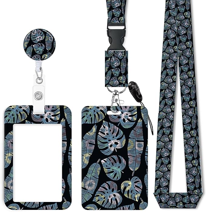 ID Badge Holder with Retractable Lanyard and Keychain, Badge Reel with Rotate Carabiner Clip,Yellow Blue Leaves Card Name Tag Lanyard ID Protector Bage Clips for Student, Women, Office