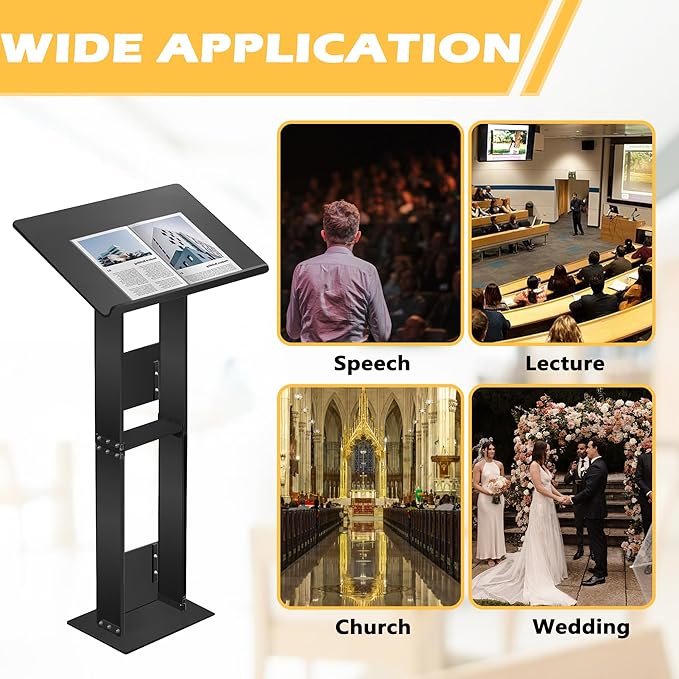 Podium Stand, Lecterns & Podiums, Acrylic Adjustable Angles with Metal Base, Podium for Church, Weddings, Classroom, Speech (Black, 24'' L x 16'' W x 43.5'' H)