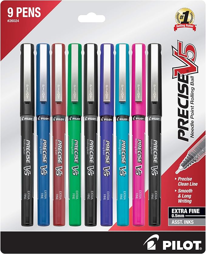 PILOT Precise V5 Stick Liquid Ink Rolling Ball Stick Pens, Extra Fine Point (0.5mm) Assorted Ink Colors, 9-Pack (26024)