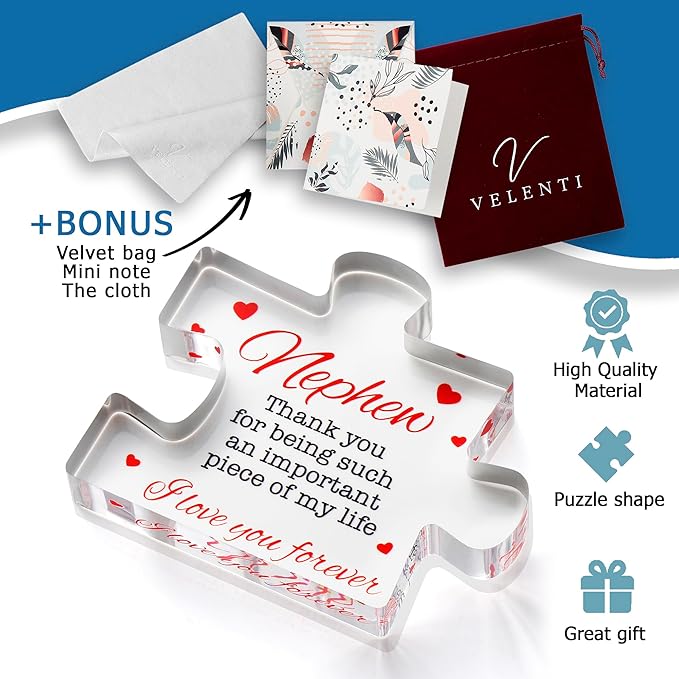 Nephew Gifts - Acrylic Puzzle Keepsake Nephew Gift - Heartwarming Nephew Gifts From Auntie, Uncle - Happy Birthday Nephew Gift Paperweights - Christmas, Birthday, Graduation, Wedding Gifts for Men