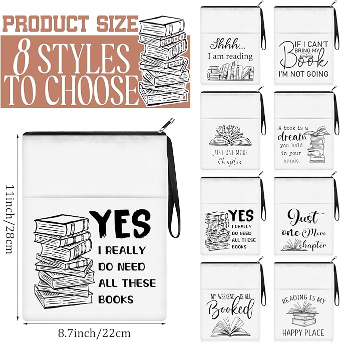 8 Pcs Christmas Book Club Gifts Book Lovers Sleeves Bulk with Zipper and Pocket Book Sleeve Pouch for Book Lovers Librarian Bookish Club Gifts, 11 x 8.7 Inch(Book)