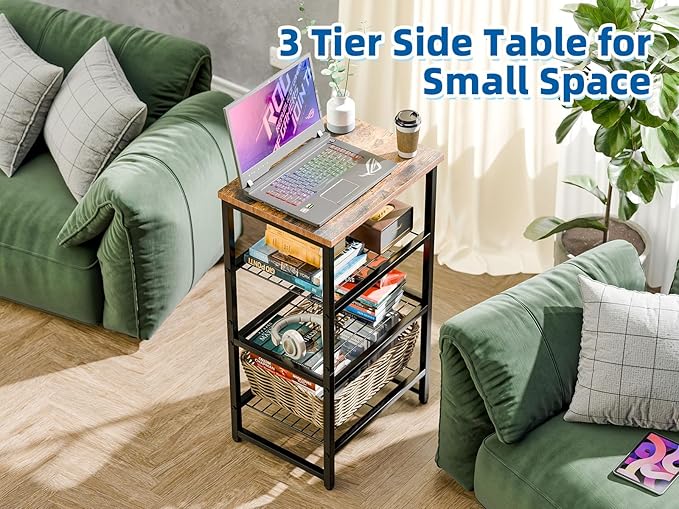 Printer Stand Holder 4 Tier - Heavy Duty Metal Shelving Unit for Printer Shelf Office Organizer, Industrial Printer Side Table with Wood Desk for Scanner Fax Machine, Bronze