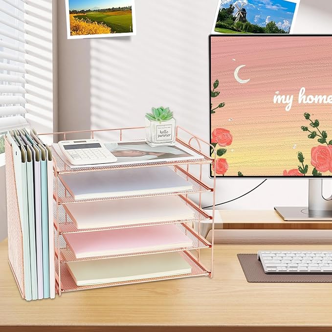 OPNCIE Desk Organizers and Accessories, 5 Tier Paper Letter Tray File Organizer, Office Organization Storage Desk Accessories Workspace Desktop Organizer for Classroom Office Supplies Decor(Rose)