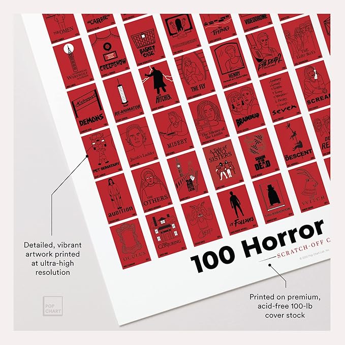 Pop Chart | 100 Horror Movies Scratch-Off Poster | 12" x 16" Wall Art | Horror Movie Decor for the Scary Movie Fan | 100% Made in the USA…