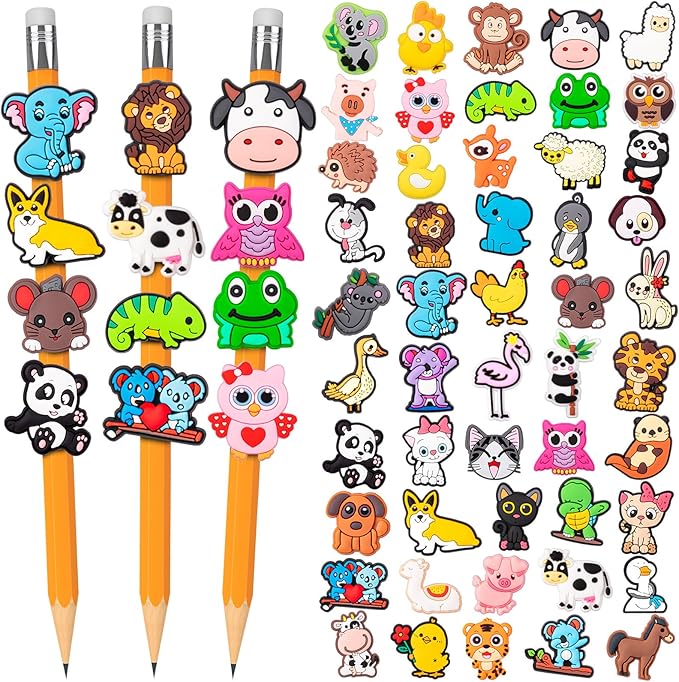 WDAHDHP Pencil Toppers Bulk for Kids, 50Pcs Cute Pencil Clip Topper Pencil Charms Classroom Prizes School Rewards for Students