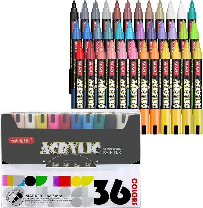 SFAIH Acrylic Creative Markers - 3mm Replaceable Nibs 36 Colors, Large Ink Capacity, Ultra-High Coverage, Non-Bleeding Water-Based Ink, Drawing Markers for Art Supplies, Wood, Fabric, Rock Painting