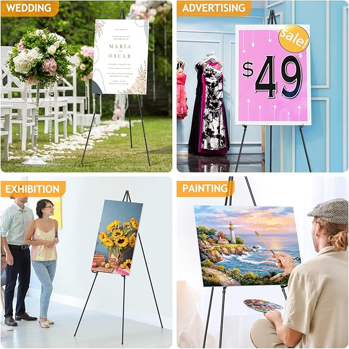 Thicken Display Easel Stand for Wedding - 63" Instant Tripod Collapsible Portable Sturdy Floor Easel - Easy Folding Adjustable Poster Metal Stand for Signs, Display Show, Artist, Art, Painting - Black