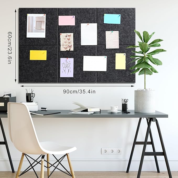 Large Cork Board 36" x 24", 6 Pack Felt Wall Tiles with Colored 30 Pcs Pushpins, Bulletin Board with Removable Self-Adhesive Strips, Pin Board Cork Boards for Walls Office Home-Dark Gray