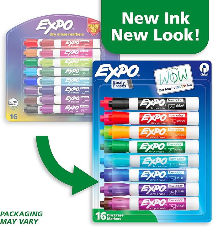 EXPO Dry Erase Markers, Low Odor Ink, Assorted Colors, Chisel Tip, 16 Count