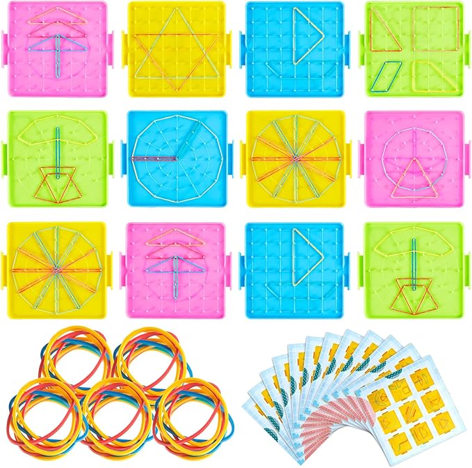 12 Pcs Double Sided Geoboard Mathematical Geoboards with Rubber Bands Math Manipulatives Toy for Geometry, 6.9 x 6.3 Inches