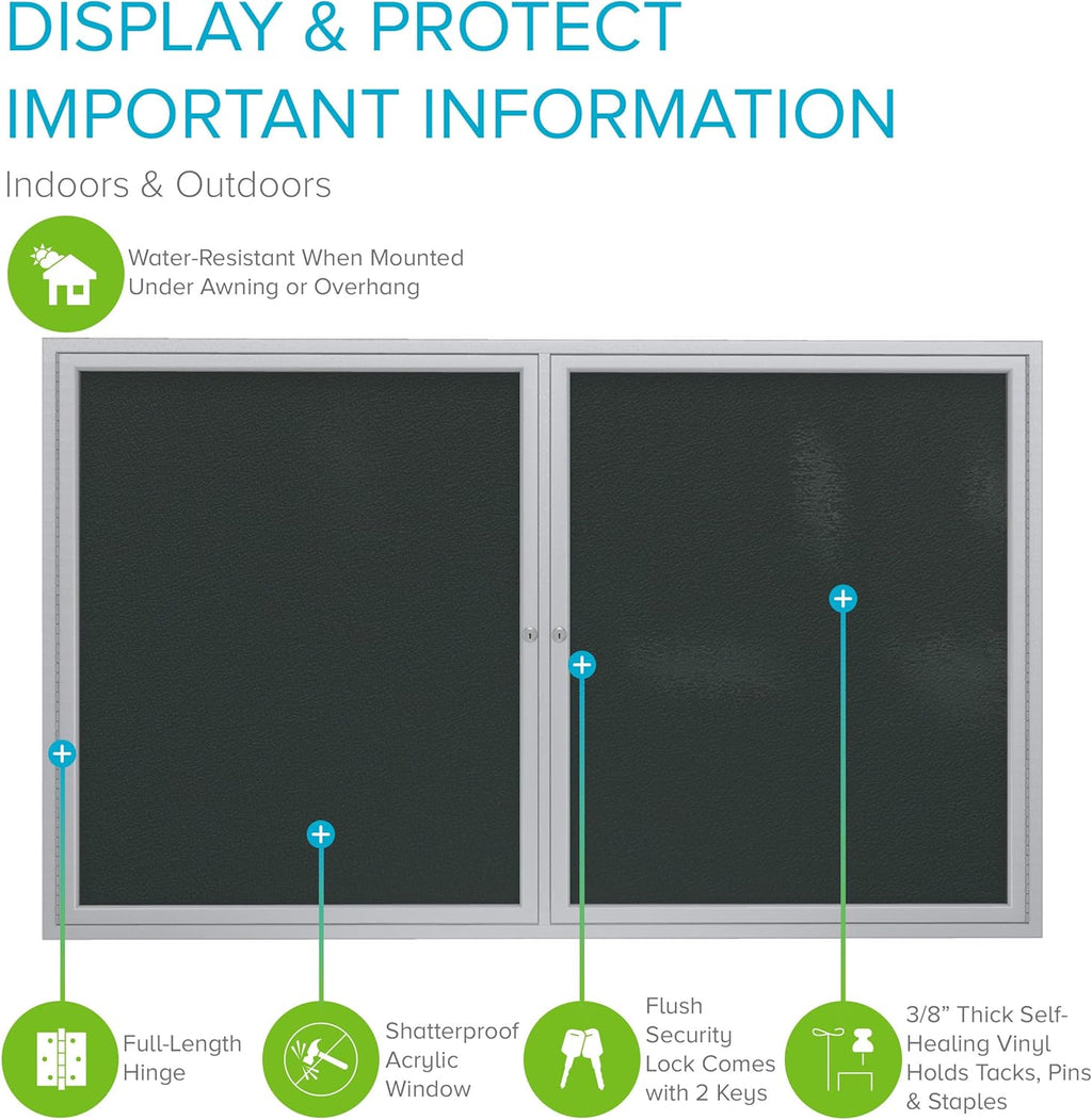 Ghent 36"x60" 2-Door Outdoor Enclosed Vinyl Bulletin Board, Shatter Resistant, with Lock, Satin Aluminum Frame - Ebony (PA23660VX-183), Made in the USA