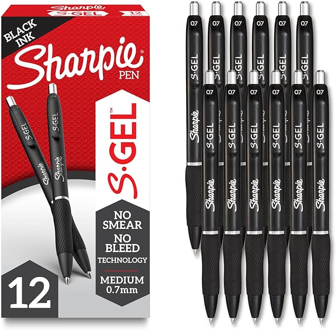 Sharpie S-Gel, Gel Pens, Drawing Pens, Gel Ink Pens For Journaling, Writing Pens, Coloring Pens, Medium Point Pens (0.7Mm), Black Barrel, Black Gel Ink, Stocking Stuffers, 12 Count